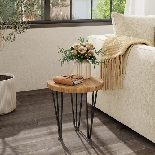 Miniatura 3 de Fun Memories Mesa auxiliar redonda – Mesa anidable de madera de olmo con patas de metal y base antideslizante – Mesas auxiliares rústicas anidables
