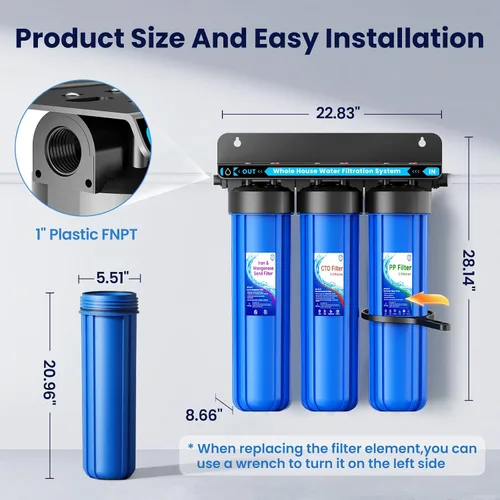 Miniatura 5 de Sistema de filtro de agua para toda la casa, 3 etapas de eliminación de hierro y manganeso, filtro de 20 x 4.5 pulgadas, con filtro de sedimentos