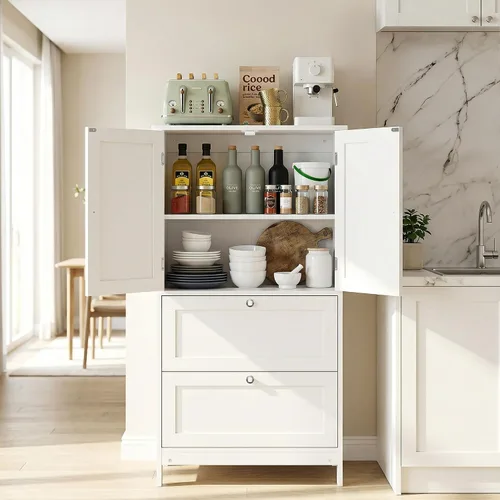 Miniatura 6 de ZenStyle Armario de almacenamiento de piso de baño, organizador de cocina con 2 cajones y 2 puertas, estante ajustable de 5 alturas independientes