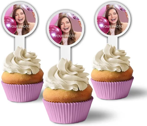Paquete de 200 adornos personalizados para cupcakes, de plástico, 2 x 4 pulgadas, carga 1 foto, hecho en Estados Unidos (forma de círculo)