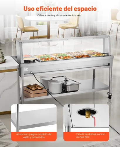 Miniatura 6 de VEVOR Calentador de alimentos comercial, mesa de vapor eléctrica de 8 bandejas + 2 ollas, calentador de alimentos profesional de 1800W para buffet