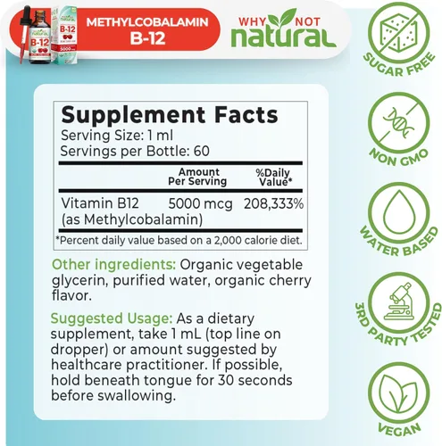 Miniatura 5 de Why Not Natural Líquido orgánico de vitamina B12 – Sublingual Extra Strength 60 x 5000 mcg gotas de metilcobalamina, vegano, maximiza la absorción