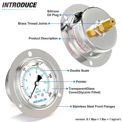 Miniatura 4 de MEANLIN MEASURE Manómetro de presión con líquido de 0~200 Psi, montaje en panel con brida frontal, NPT de 1/4", esfera de 2.5 pulgadas, caja
