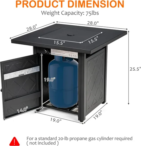 Miniatura 2 de COSTWAY Mesa para fogata de propano al aire libre de 28 pulgadas, mesa de gas para patio de 50,000 BTU, mesa cuadrada 2 en 1 con tapa y rocas
