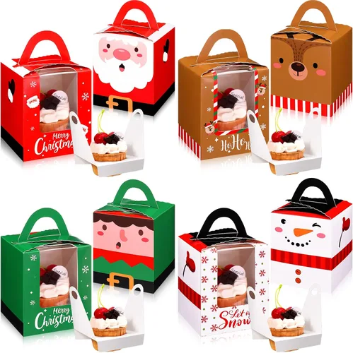 Miniatura 10 de TaoBary 24 cajas de magdalenas de Navidad, caja individual para cupcakes, cajas de galletas de Navidad con asa de inserción de ventana, soporte