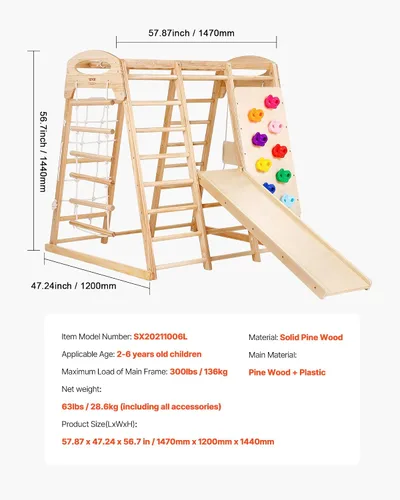 Miniatura 7 de VEVOR Gimnasio interior de la selva, parque infantil 7 en 1, 47.2 x 58 x 56 pulgadas, con escalera de madera y cuerda, escalera de red, columpio