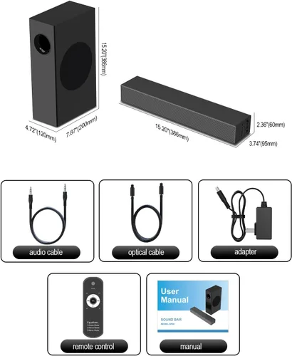 Miniatura 9 de Barra de sonido de 120 W, sistema de sonido envolvente de 2.1 canales para TV, barra de sonido con subwoofer para cine en casa, barra de sonido