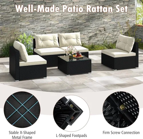 Miniatura 5 de Tangkula - Juego de sofá de ratán de 5 piezas, conjunto de muebles de mimbre para patio de Patiojoy con cojines de asiento y respaldo, mesa