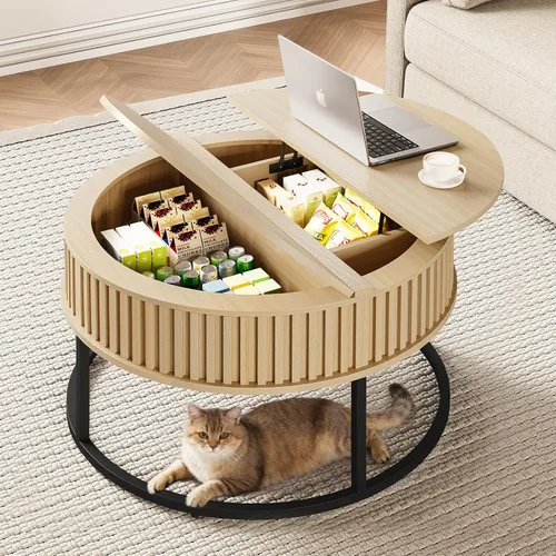 Miniatura 7 de Mesa de centro redonda con parte superior elevadora, mesas de centro de madera estriada para sala de estar, elevación para comedor, gran