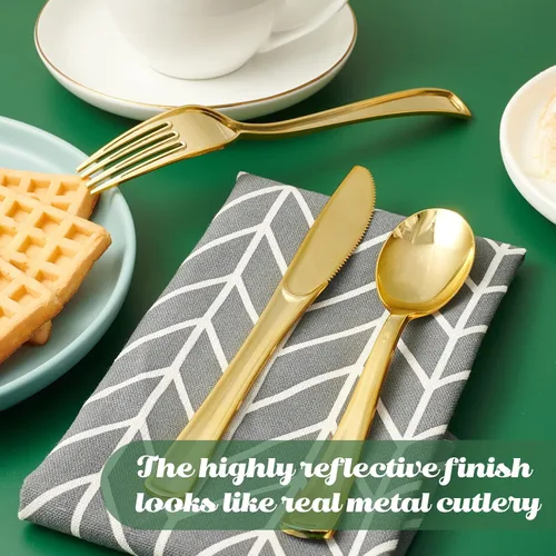 Miniatura 6 de FOCUSLINE Paquete de 300 cucharas desechables de plástico dorado de 6.8 pulgadas, cucharas de plástico sólido y duradero, cubiertos desechables