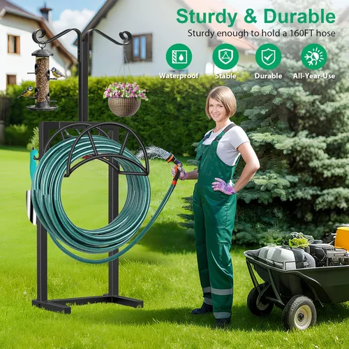 Miniatura 4 de TomCare Soporte de manguera de jardín desmontable de metal para manguera de agua con capacidad para mangueras de 150 pies, soporte para manguera