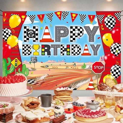 Miniatura 2 de Cartel de fondo de feliz cumpleaños de coche de carreras, fondo de fotografía de carril de carreras para niños, decoración de fiesta de carreras