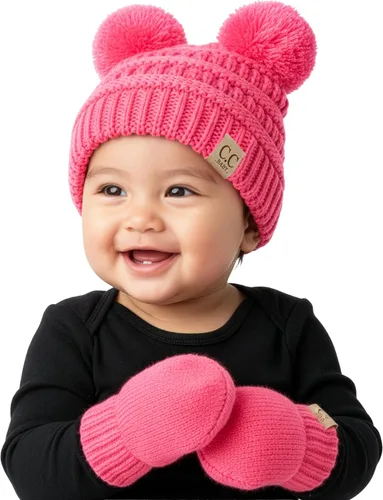 Miniatura 25 de Funky Junque Conjunto de gorro y mitones con doble pompón de pelo sintético para bebé – Gorro de invierno para recién nacidos de 0–9 meses