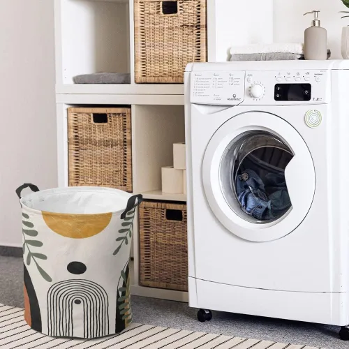 Miniatura 3 de Cesta de baño redonda de mediados de siglo, estilo bohemio, plegable, con asas, moderna, abstracta, con asas, impermeable, independiente