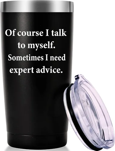 AMZUShome Taza de viaje con texto en inglés "Of Course I Talk To Mysel". Regalos divertidos con mensajes. Regalos para mamá, papá, hermano, hermana,