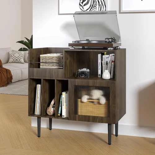 Miniatura 10 de HedoAjim Soporte grande para tocadiscos con almacenamiento de vinilo, soporte para tocadiscos con puerta acrílica, mesa auxiliar para tocadiscos
