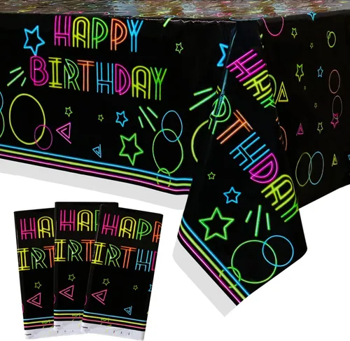 Paquete de 3 suministros para manteles de fiesta que brillan en la oscuridad, mantel desechable de plástico neón, mantel rectangular con estampado