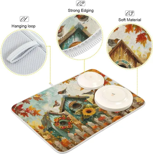 Miniatura 4 de Tapete de secado de platos de 16 x 18 pulgadas para encimera de cocina, hojas de arce y hojas de arce, tapete de microfibra reversible para secar