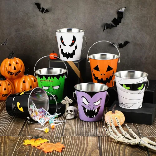 Miniatura 2 de Tioncy 6 cubos de calabaza de Halloween a granel de metal para trucos o golosinas, cubo de recuerdos de fiesta con asa, cubo pequeño de calabaza
