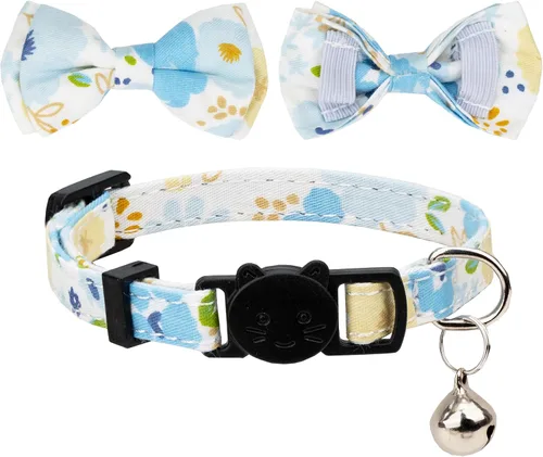 Miniatura 2 de Collar de gato Campana Pajarita Gatito Seguridad Breakaway Flower Kimino Sakura Cake Patrón de dibujos animados Kitty Boy Girl Pet Flower - Azul