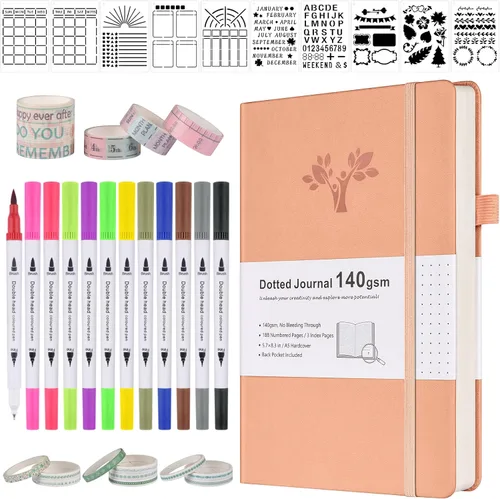 Kit de diario de puntos con viñetas de 4.94 oz/m², juego de diario A5 de cuadrícula de puntos con 188 páginas, 10 plantillas, 14 cintas Washi, 12
