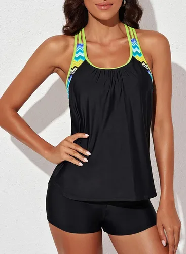 Miniatura 8 de Traje de baño Aleumdr, tankini para mujer, parte superior push-up tipo blusa de tirantes delgados con estampado a rayas, espalda en T y short