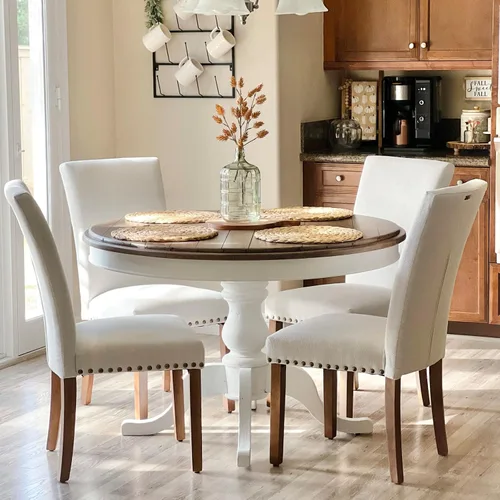 Miniatura 4 de COLAMY Juego de 6 sillas de comedor tapizadas de tela, sillas acolchadas con respaldo alto con ribete clavado y patas de madera maciza, sillas