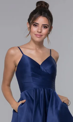 Miniatura 3 de Vestidos cortos de fiesta de exalumnos con bolsillos, línea A, de satén fruncido, vestidos formales de cóctel para baile de graduación
