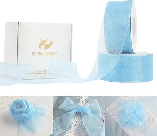 Miniatura 19 de HUIHUANG Cinta transparente de organza azul aguamarina de 1-1/2 pulgadas, cintas de organza transparente turquesa para envoltura de regalo, ramo
