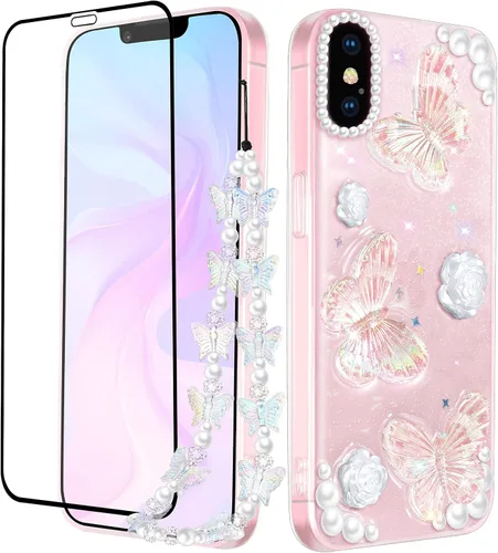 Miniatura 9 de Funda 3 en 1 para iPhone SE/7/8: diseño de mariposa 3D, purpurina, brillante, cristal, estilo lindo femenino, cadena y protector de pantalla