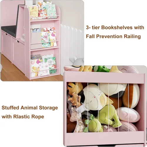 Miniatura 4 de Rincón de lectura para niños de 66.9 pulgadas, organizador de almacenamiento de juguetes con almacenamiento de animales de peluche, banco y cojines