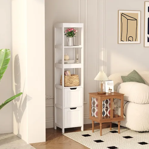 Miniatura 4 de HOMEFORT Armario de almacenamiento para baño, armario alto y estrecho con cubículo, gabinete de esquina delgada, torre de lino de madera, con puerta