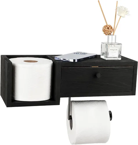 Sumnacon Soporte de papel higiénico de madera, soporte de pared rústico para papel higiénico, soporte de papel higiénico vintage con estante para