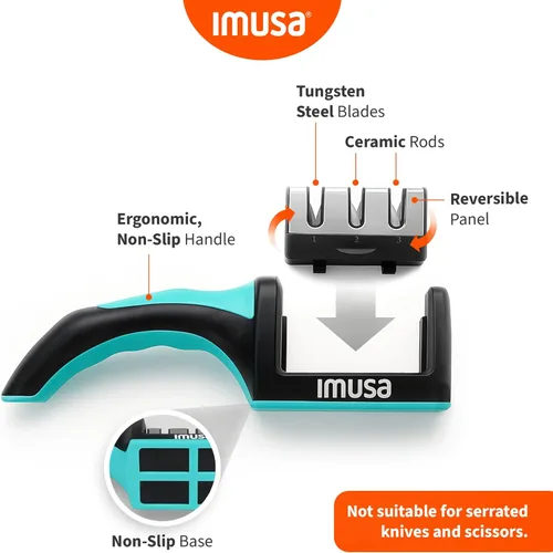 Miniatura 2 de IMUSA - Afilador de cuchillos de cocina con diseño de afilador de cuchillas de acero inoxidable de 3 etapas, fácil de usar, kit ergonómico de Verde