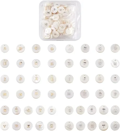 Miniatura 8 de Beadthoven - 104 dijes de letras del alfabeto de perlas de agua dulce naturales, redondos, dorados, redondos, del alfabeto A-Z, para bricolaje