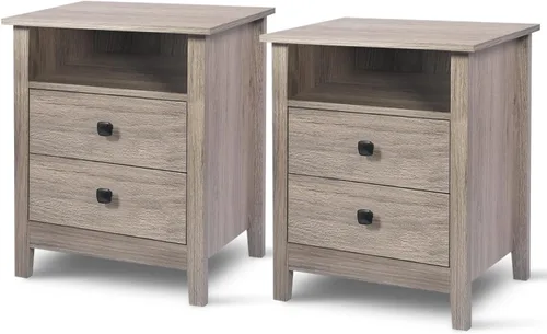 Miniatura 9 de LTMEUTY Juego de 2 mesitas de noche de madera con cajones para mesita de noche de dormitorio, mesita de noche alta con un cajón y armario abierto