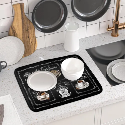 Miniatura 6 de Giwawa Tapete de secado de platos de café, vintage, antifatiga, taza de expreso, máquina de frijoles negros, tapete escurridor de platos, protector