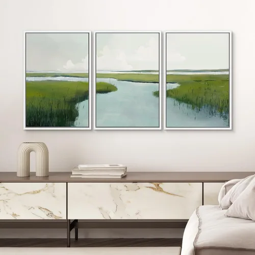 Miniatura 3 de SIGNWIN Lienzo enmarcado para pared, juego de arte sereno de pantanos con humedales verdes e ilustraciones de agua tranquila, arte moderno