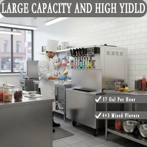 Miniatura 4 de Comercial 17 Gal/H Productor de helado suave, 7 sabores de soporte de piso suave servido máquina de helado,4+3 mezclados yogur congelado helado
