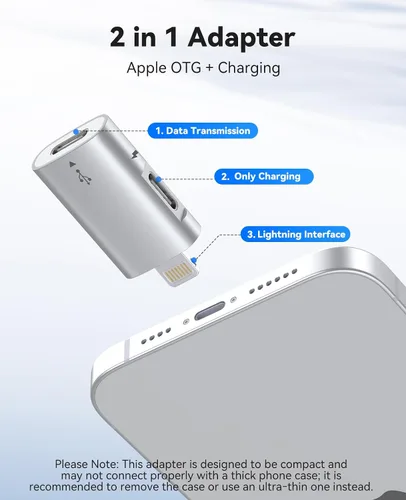 Miniatura 2 de ORICO Adaptador Lightning a USB con puerto de carga, USB C hembra a Lightning macho para iPhone 14, 13, 11, 12 Pro Max, compatible con soporte