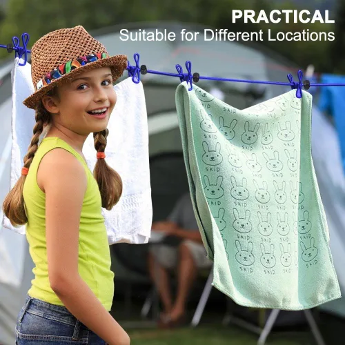 Miniatura 4 de Tendedero portátil de viaje, elástico ajustable para viajes, camping, tendedero retráctil con 12 clips para uso en exteriores e interiores (azul)