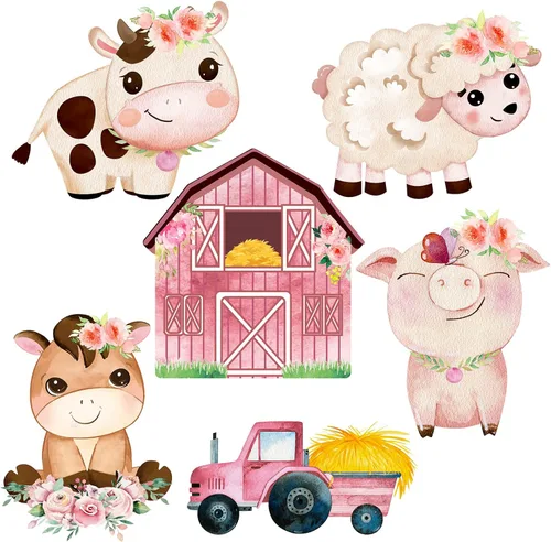 Hotop 42 piezas de recortes florales de animales de granja, decoración de fiesta temática de granja rosa con 60 puntos de pegamento para niñas,