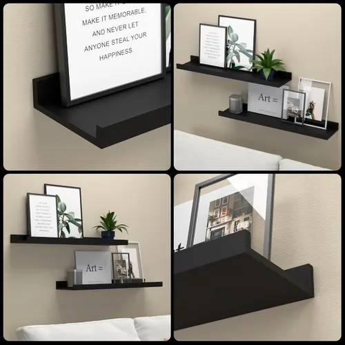 Miniatura 6 de RICHER HOUSE Juego de 3 estantes flotantes para pared, estantes negros de 16 pulgadas para montar en la pared con borde para almacenamiento, estante