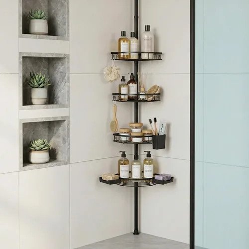 Miniatura 4 de Poste de tensión ajustable para ducha, organizador de baño de esquina de 4 niveles con bandejas de jabón y soporte para cepillos de dientes, estante