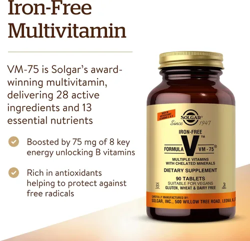 Miniatura 3 de Solgar Fórmula sin hierro VM-75, 90 tabletas – Multivitamínico con minerales quelados – Vitamina A, B6, B12, C, D, E – Biotina, magnesio, calcio