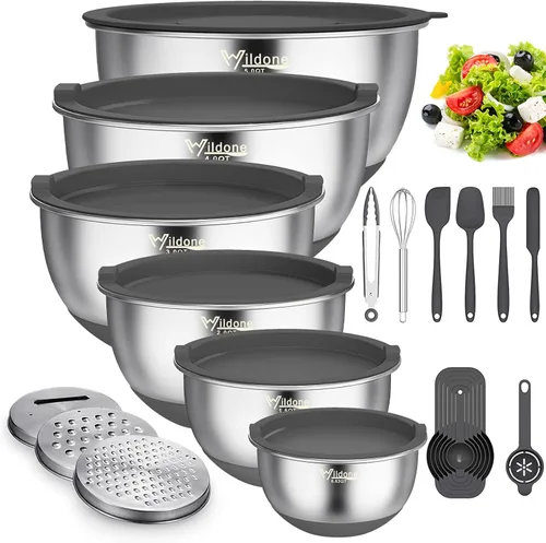Wildone Cuencos para mezclar con tapas herméticas, juego de 22 piezas de cuencos para mezclar de acero inoxidable, 3 accesorios de rallador, marcas