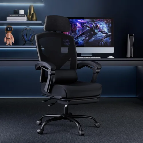 Miniatura 2 de Simple Deluxe Silla de escritorio de oficina en casa con reposapiés, sillas reclinables giratorias de malla con respaldo alto con ruedas, Negro