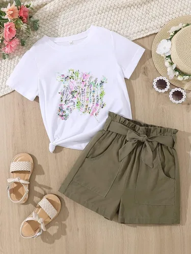 Miniatura 2 de Conjunto de camiseta de manga corta floral y pantalón corto de verano con bolsillos en la cintura