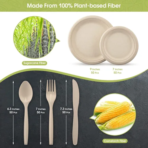 Miniatura 2 de Fuyit Juego de 250 platos de papel desechables con cubiertos, vajilla biodegradable y ecológica compostable, incluye plato, tenedor más grande