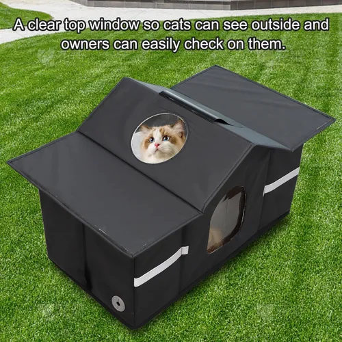 Miniatura 4 de Casa para gatos al aire libre resistente a la intemperie, refugio aislado para gatos para exteriores con ventana de techo, 100% impermeable, puerta